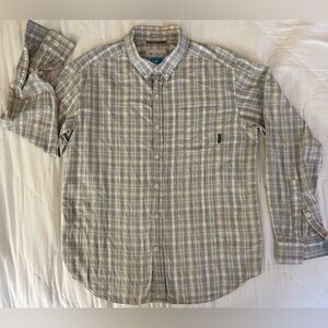 Columbia Men’s Regular Fit Plaid Button-Down Shirt Gray Beige Stretch Cotton M